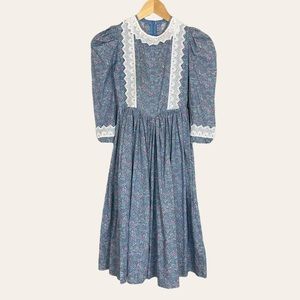 Handmade Prairie Dress Blue Calico Child’s Cottagecore Lace Girl’s Puffed Sleeve